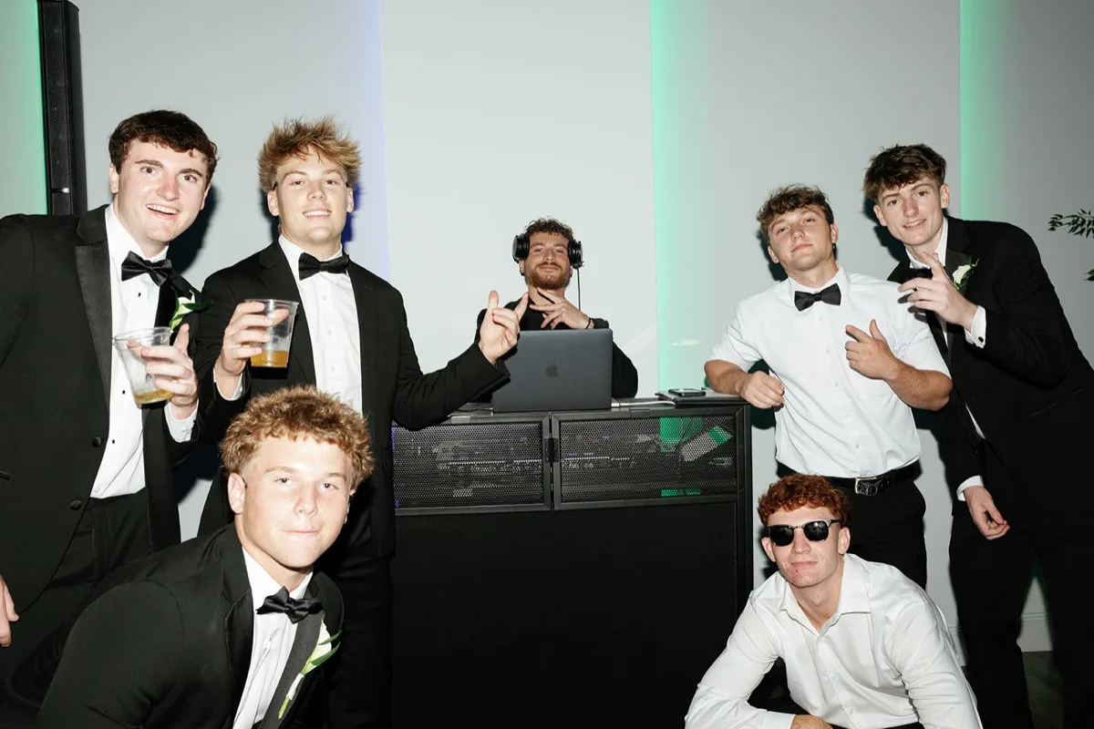 Groomsmen at the DJ booth with DJ Noah at Clay Theatre Green Cove Springs FL