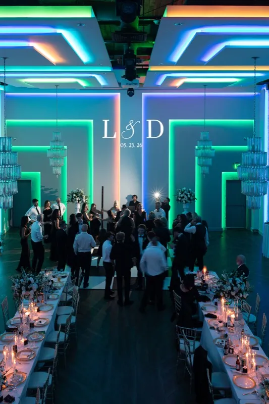 Clay Theatre Main Space dance floor with LED tray ceiling and monogram projection