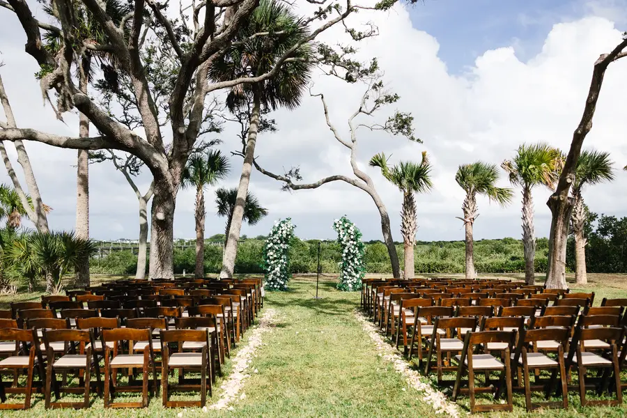 Fountain of Youth outdoor ceremony setup under oak trees in St. Augustine