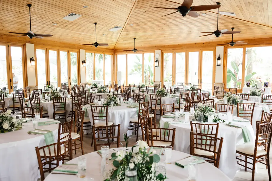 Fountain of Youth pavilion reception setup with waterfront views