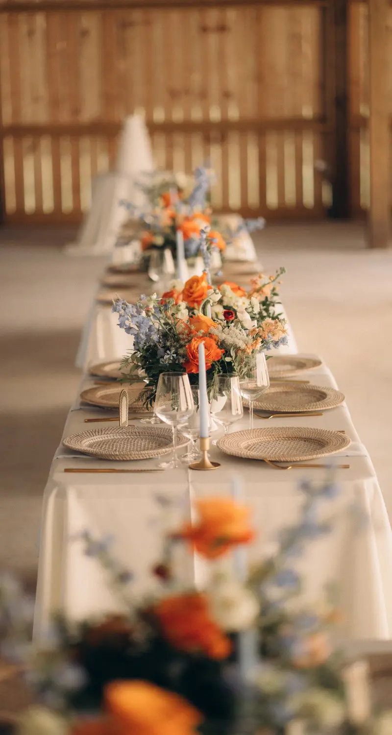 Long reception table with coral and blue florals, rattan chargers and taper candles inside the wood barn at Golden Creek Ranch