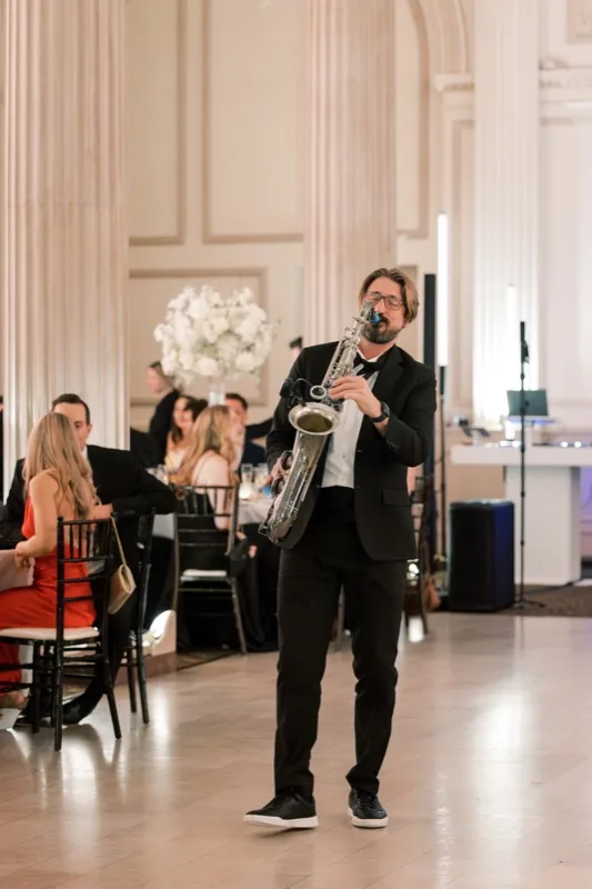 Live saxophonist performs at Treasury on the Plaza wedding reception, St. Augustine DJ with live musician