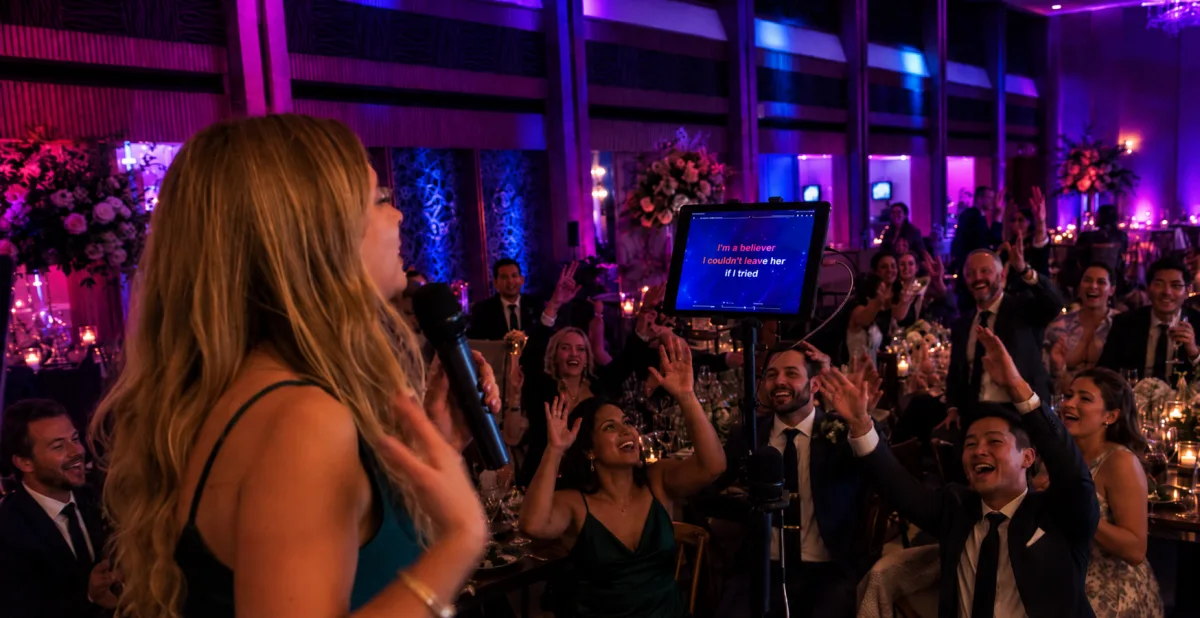 A wedding guest singing into a microphone during reception karaoke, with seated guests cheering and a lyric screen beside her, the room washed in purple uplighting
