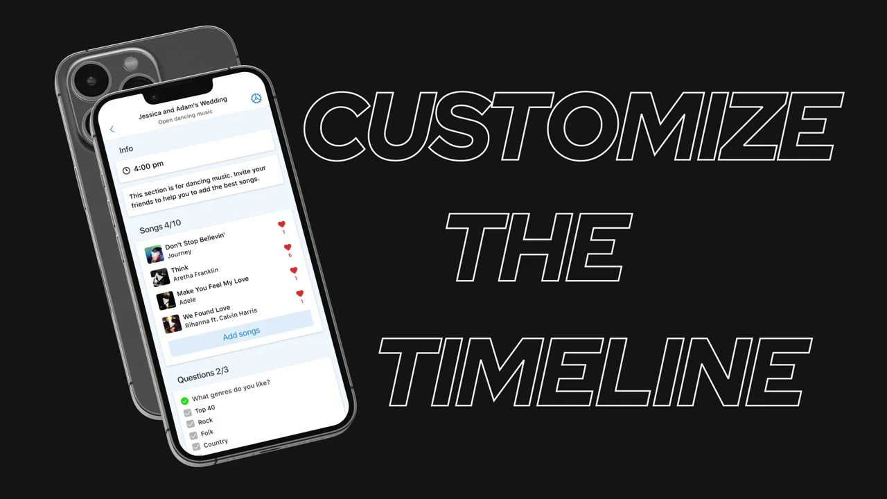 COS Celebrations music and timeline planning app demo - customize your wedding playlist
